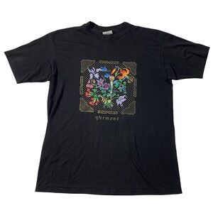 Vintage 90’s Vermont 91 Black Single Stitch Hanes Shirt Mens Size L Floral Print